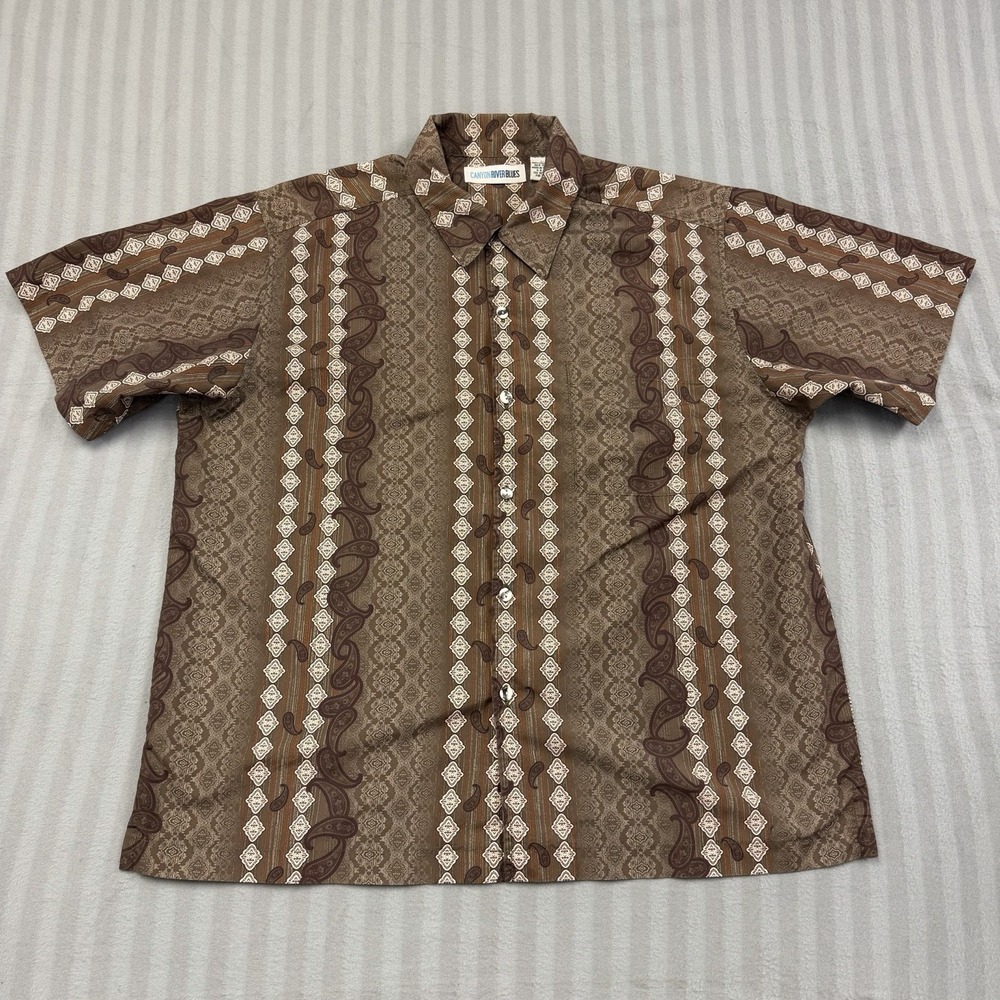 Canyon River Blues Men's Button Up Shirt Aztec Motif Brown Large Short‎ Sleeve